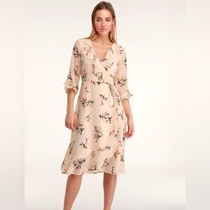 Lulu’s Love Song Blush Floral Print Ruffled Midi Dress - Size S